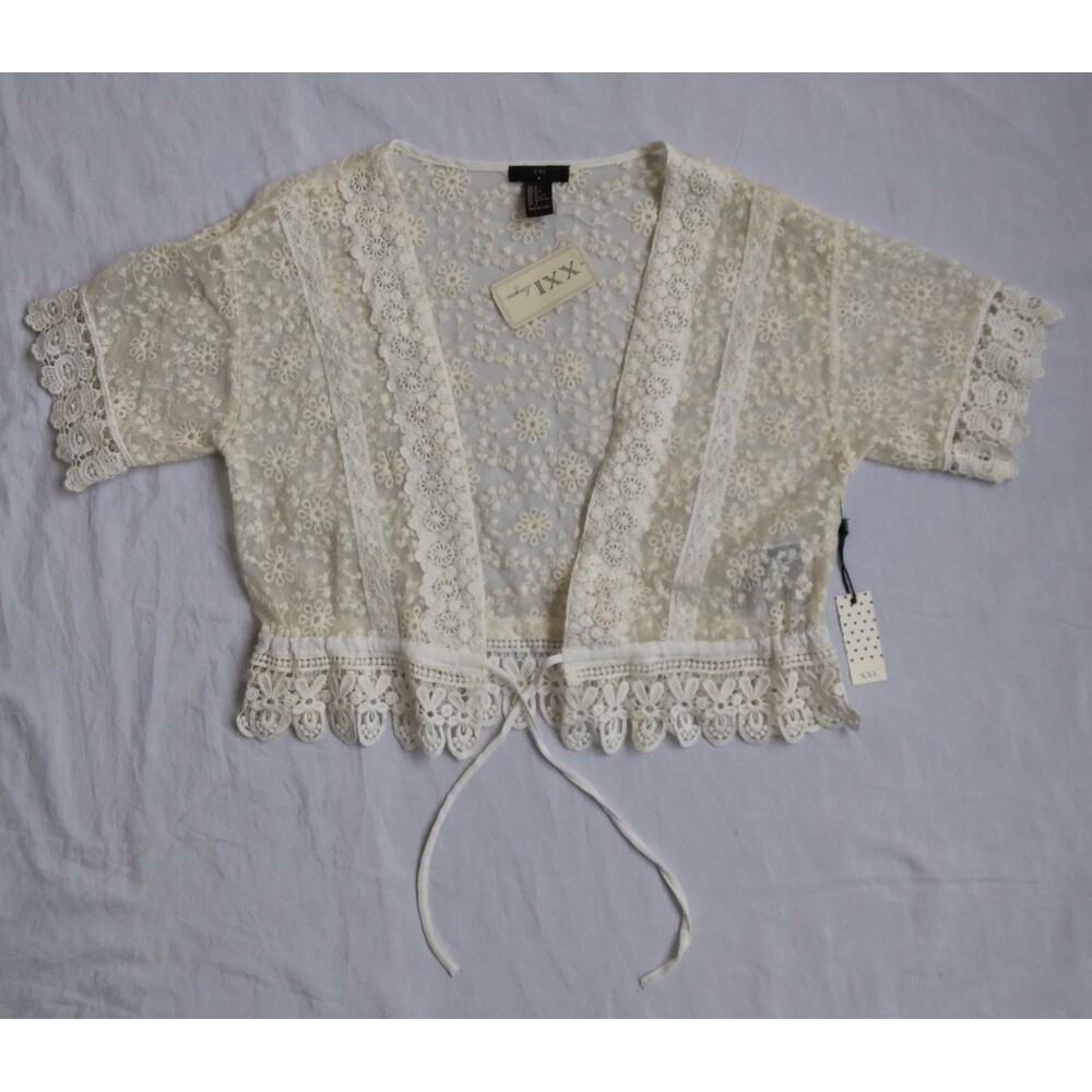 XXI Lingerie Crochet Top Cardigan Short Sleeve Floral Ivory Women's Size Small